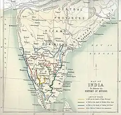 Mysore is shown in west-central peninsular India with the Madras Presidency bordering it on the east, west, and south, with the Arabian Sea, Indian Ocean, and the Bay of Bengal surrounding the peninsula, and with Sri Lanka in the vicinity to the south-east