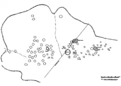 A drawing of several ruin sites