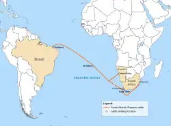 Route of the SAex submarine cable as planned in 2014[1]