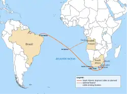 Route of the SAex submarine cable as planned in mid-2012