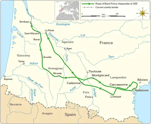 A map of south-west France showing the route of the chevauchée