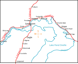 Image shows blue outline of Lake Pend Oreille. Highway 200 going east to west along the top of the lake. Highway 95 going north to south along the western side of the like, passing through Sandpoint, Coeur d'Alene, and many other small North Idaho towns.