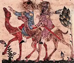 Two camel riders in Arab bedouin costumes. Maqamat, Syria, late 13th-century, British Library, Ms. Or. 9718.