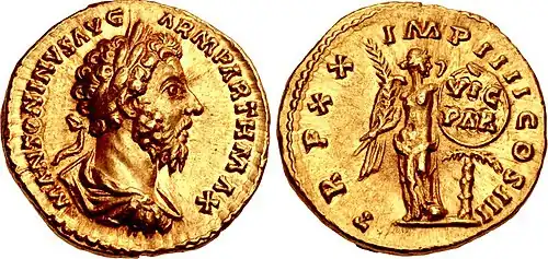 Coin of Marcus Aurelius. Victoria appears on the reverse, commemorating Marcus's Parthian victory.