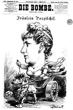 Maria Pospischil riding the Bohemian Lion to Burgtheater on the front page of Die Bombe magazine in June 1890