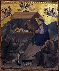 Mariotto di Nardo, Natività, ca. 1385, showing a white shepherd dog with a spiked collar