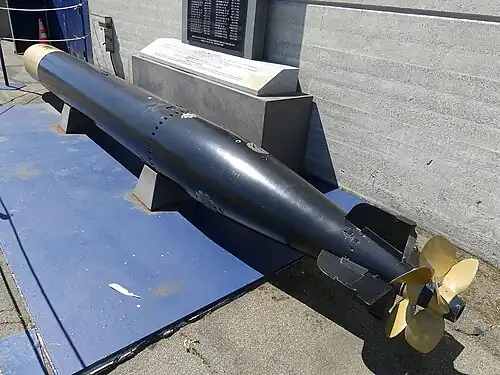 Mark XIV torpedo displayed in front of USS Pampanito