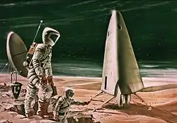 Artist's conception of a crew going on surface EVA on Mars, circa early 1960s. In the background is a Mars Excursion Module (MEM).
