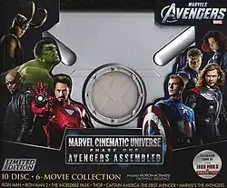 Home media packaging featuring different characters around the S.H.I.E.L.D. eagle logo, with details on the set at the bottom