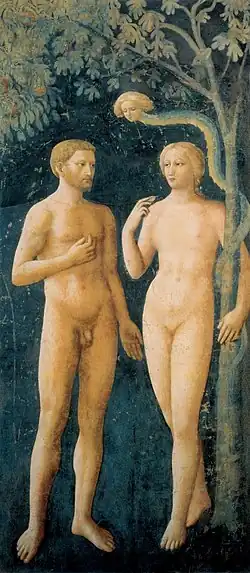 Adam and Eve naked in front of a tree with a serpent