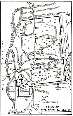 Old Town Leicester showing the site of Blackfriars (1722)