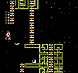 A square video game screenshot that depicts a character sprite standing on a red floating platform between two yellow structures near the top and bottom of the image.