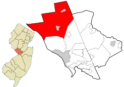 Location of Hopewell Township in Mercer County highlighted in red (right). Inset map: Location of Mercer County in New Jersey highlighted in orange (left).
