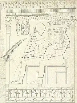 Sketch of a painting from a tomb in Sheikh Abd el-Qurna depicting Merytre-Hatshepsut with her husband Thutmose III, Eighteenth Dynasty