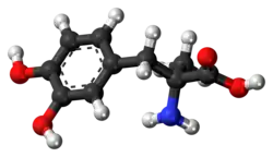 Ball-and-stick model of the methyldopa molecule