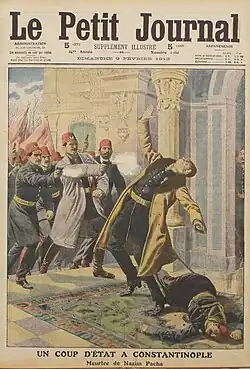 The front page of the Le Petit Journal magazine in February 1913 depicting the assassination of Nazım Pasha during the 1913 Ottoman coup d'état.