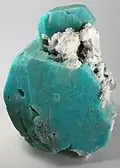 Large deep-turquoise amazonite crystal with attached stark-white microcline, from Konso, SNNPR, Ethiopia. Size: 16.4 cm × 11.9 cm × 8.0 cm (6.5 in × 4.7 in × 3.1 in).