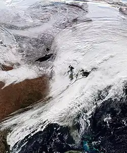 Image 12A satellite view of the extratropical cyclone that was responsible for the tornado outbreak on December 11. (from Tornado outbreak of December 10–11, 2021)