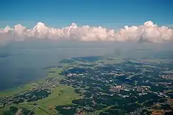 Miho Village as seen from the west. Lake Kasumigaura on the left.