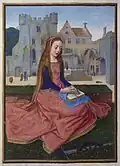 Catherine of Alexandria seated in the castle. Illumination by Simon Bening from the manuscript Hortulus Animae (1510)