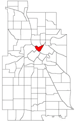 Location of Nicollet Island/East Bank within the U.S. city of Minneapolis