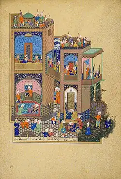 “The Nightmare of Zahhak”, from the Shahnameh of Shah Tahmasp; c. 1525–35; opaque watercolor, ink, and gold on paper; 47.2 cm (height) x 32.1 cm (width); held at the Museum of Islamic Art.