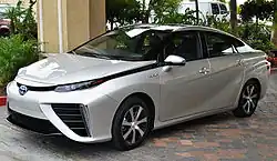 The Toyota Mirai is one of the first hydrogen fuel-cell vehicles to be sold commercially to retail customers, initially, only in Japan and California.[88][89]