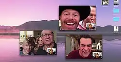 Screenshot from "Connection Lost" showing a computer screen with three video call windows open. Claire Dunphy is interacting with a Jay, Gloria and Luke in one window; Mitchell and Cameron in another; and Phil in a third.