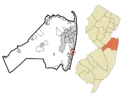 Location in Monmouth County circled and highlighted in red (left). Inset map: Location of Monmouth County in New Jersey highlighted in orange (right).