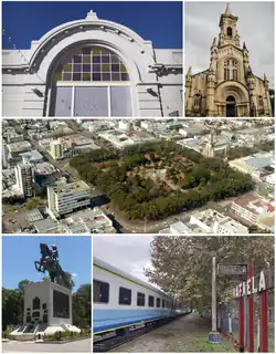 From left to right and top to bottom: the Municipal Museum of Art Dr. Urbano Poggi, the San Rafael Cathedral, the Plaza 25 de Mayo, the Monument to San Martín, and the Rafaela Station.
