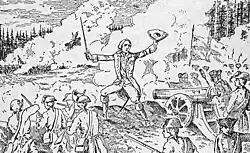 A man, stands in the middle of a battlefield with both arms raised wide, one hand holding a three-cornered hat, the other holding a sword. More men are in front of him to his right, and there are eighteenth-century field cannons to his left. Behind him is a cloud of smoke, with some trees visible in the distance.