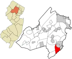 Location of Chatham Township in Morris County highlighted in red (right). Inset map: Location of Morris County in New Jersey highlighted in orange (left).