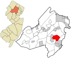 Location of Hanover Township in Morris County highlighted in red (right). Inset map: Location of Morris County in New Jersey highlighted in orange (left).