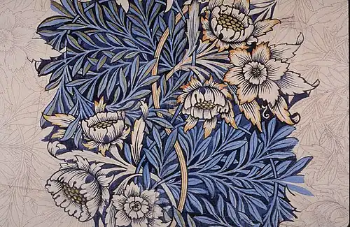 This Morris Tulip and Willow design (1873) is another example of decorative graphics. By using a diagonal blue, with only some suggestion of orange, the artist tries to create a harmonious color scheme that could be used effectively in the design of a poster or other graphic design media.