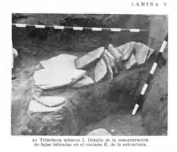 Detail of the concentration of carved slabs on the east side of the structure