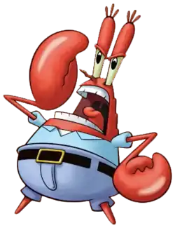 A red cartoon smiling crab with teardrop-shaped eyes wears a light blue shirt and darker blue jeans with a black belt.