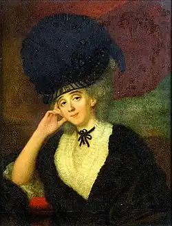 Painting of a smirking woman in a black gown and large hat