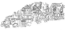 War for the relics: mural with warriors and the Brahmin Drona, Cave of the Painters, Kizil Caves, circa 500 CE