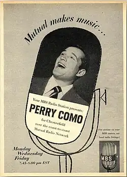 Photograph of Perry Como singing, superimposed on an illustration of a microphone and accompanied by advertising copy, including the slogan "Mutual makes music ...".