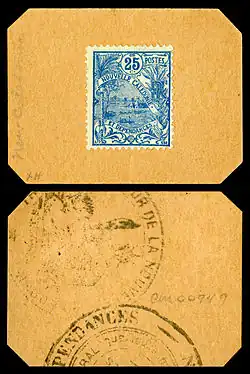 New Caledonia emergency stamp currency, 25 centimes (on card, 1914-23)