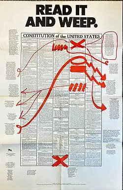 Poster captioned "Read it and Weep" accompanied by an annotated version of the U.S. Constitution