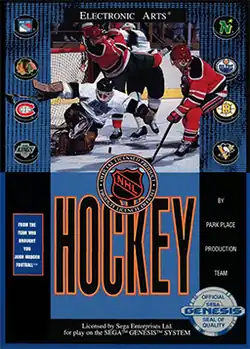 Vertically oriented front cover art divided in half by blue and black shapes. The top half depicts an ice hockey goalie in a white and black uniform defending the goal from an opposing player in a red and white uniform. Two other opposing players clash behind them at the corner of the goal. The bottom half says "Hockey" in large tall letters with the National Hockey League logo above the word.