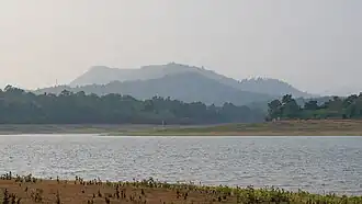 Central reservoir, backdrop of the Western Ghats, ca. April 2024