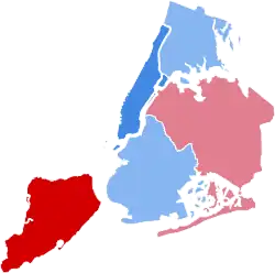 A map showing the results by borough for the 1972 US presidential election in New York City.