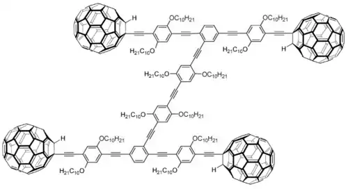 Chemical structure of a nanocar. The wheels are C60 fullerene molecules.