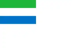 Naval ensign of Sierra Leone, has a canton with a horizontal triband of green, white, and blue (e.g. the Sierra Leone national flag).