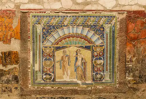 Roman mosaic of Neptune and Amphitrite, c. 70 BC, mosaic, Casa di Nettuno e Anfitrite, Herculaneum Archaeological Park, Ercolano, Italy[15]