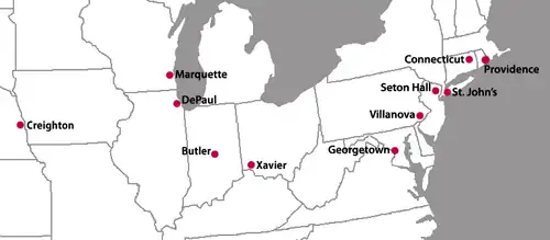 A map of the eastern United States with red location markers for ten cities.