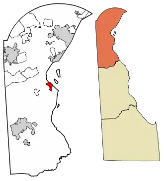 Location of Delaware City in New Castle County, Delaware.