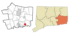 Mystic's location within New London County and Connecticut